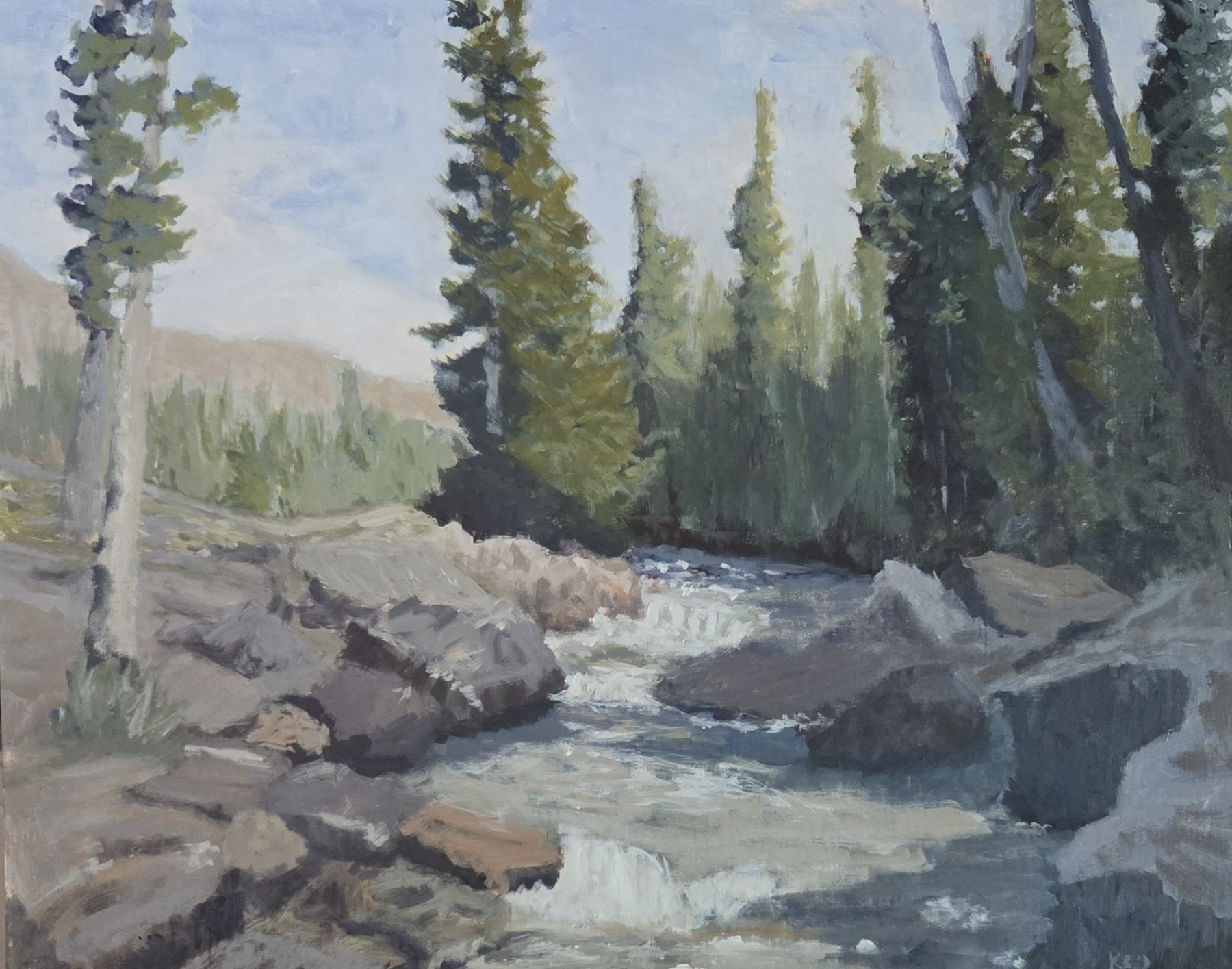 Downstream — acrylic landscape painting of a river winding through trees