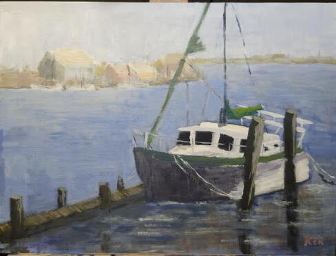 Acrylic landscape painting of a sailboat docked beside a quiet waterfront